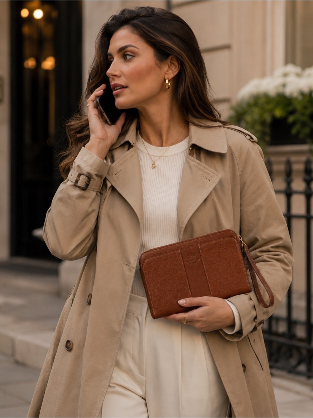 Burberry London Cognac Pebbled Leather Wristlet Clutch Nova Check